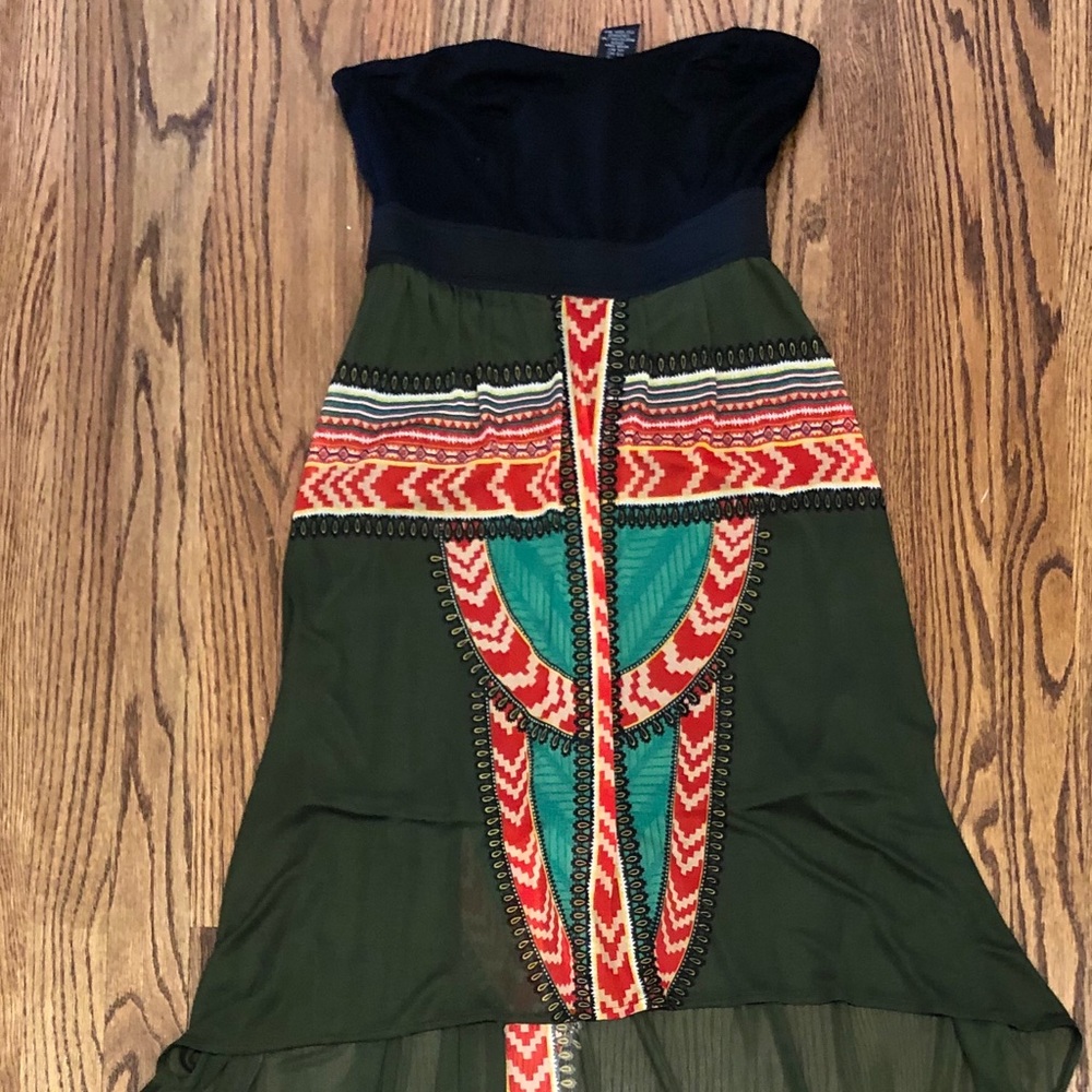 Tribal high-low strapless dress